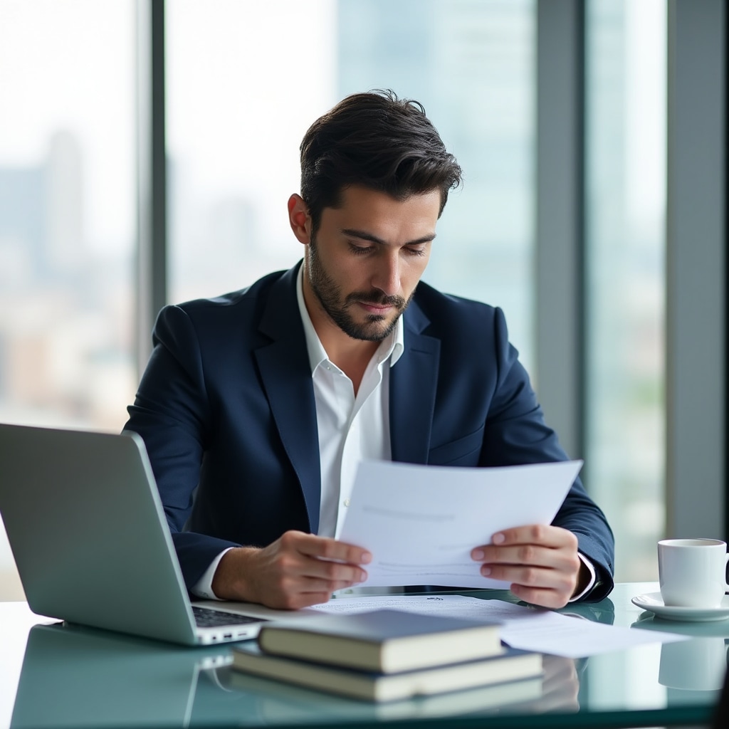 Especialista legal revisando documentación de fideicomiso inmobiliario argentino en una oficina luminosa