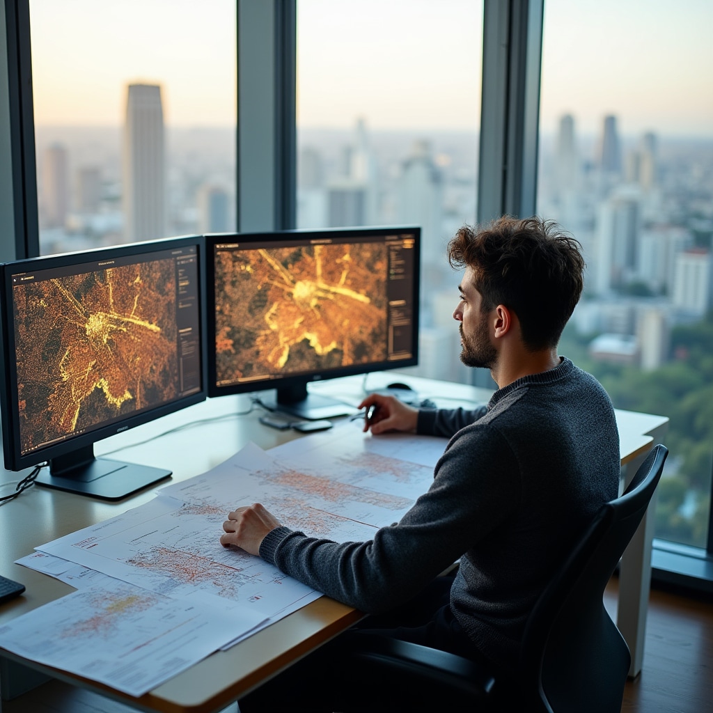 Analista de mercado en un espacio de trabajo de altura revisando datos de proyectos de desarrollo de Buenos Aires