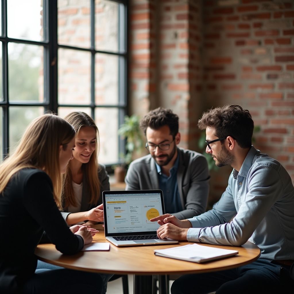 Group of people around a table reviewing a crowdlending project presentation
