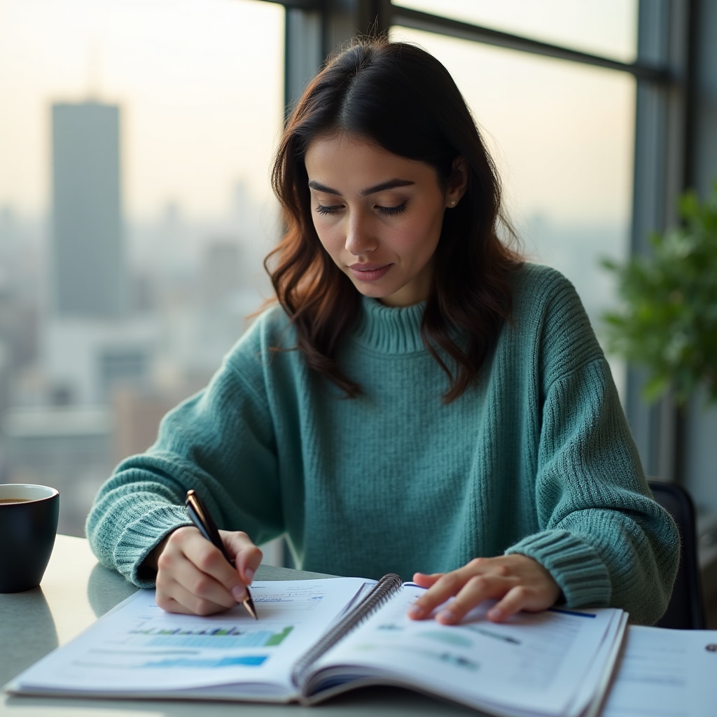Person studying financial fundamentals with documents and notebook