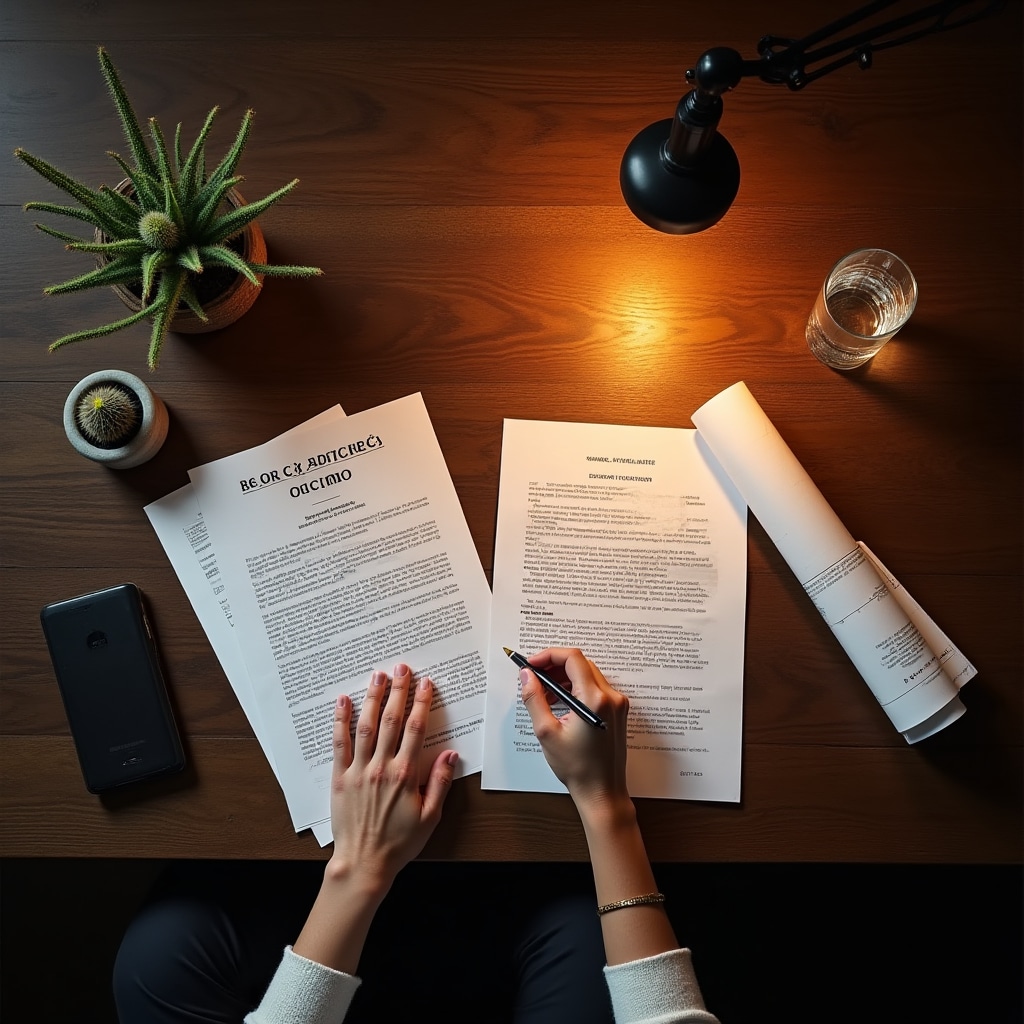 Legal documents and architectural blueprints on a desk with hands reviewing them