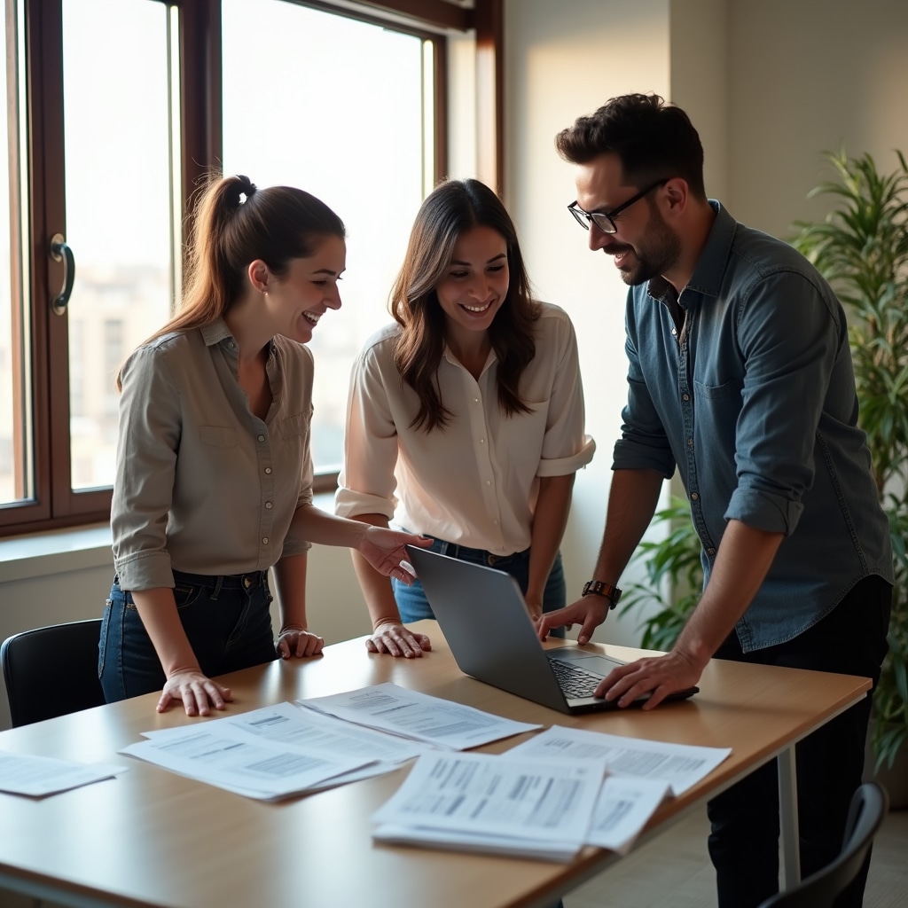 Equipo de Fintrionex en discusión en una oficina de Buenos Aires revisando materiales educativos